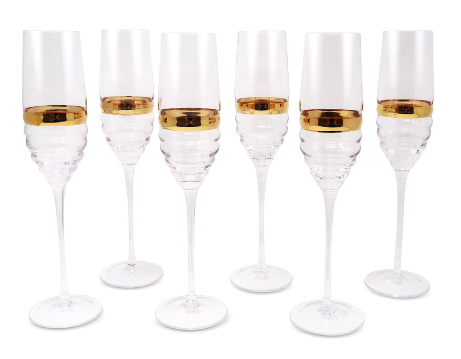 Set of 6 Glasses with Linear Design and Gold Stripe