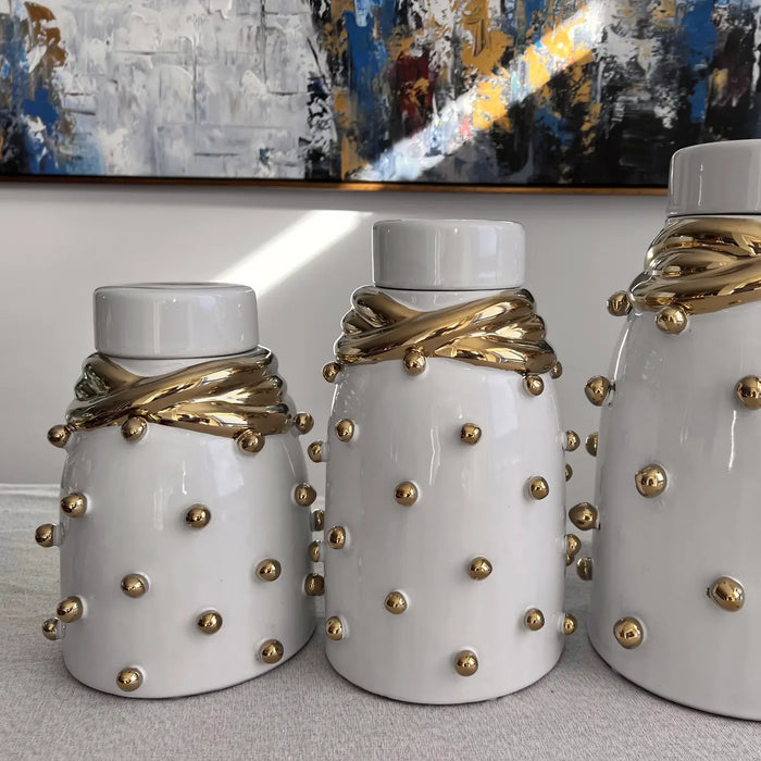 White Ceramic Jar with Gold Elegant Detail and Studded