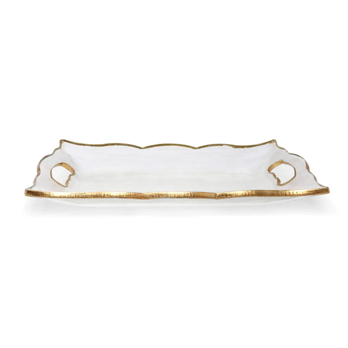 Rectangular Glass Tray with Handles and Gold Rim