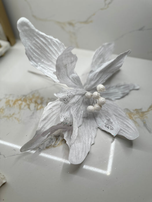 Luxury White Poinsettia Stem With a touch of Sparkle