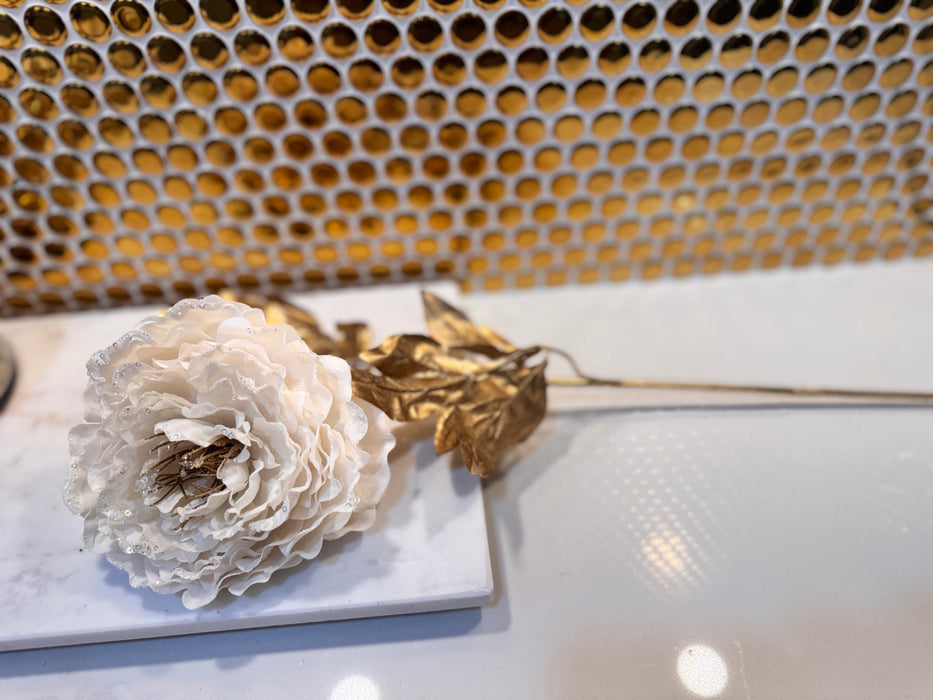 Ivory and Gold Glittered & Sequin Peony Floral Stem, 25.5"