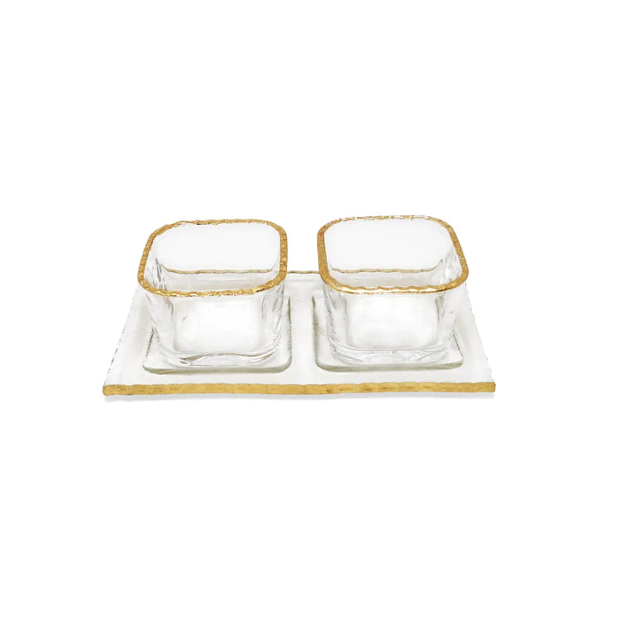 2 Bowl Relish Dish On Tray with Gold Border