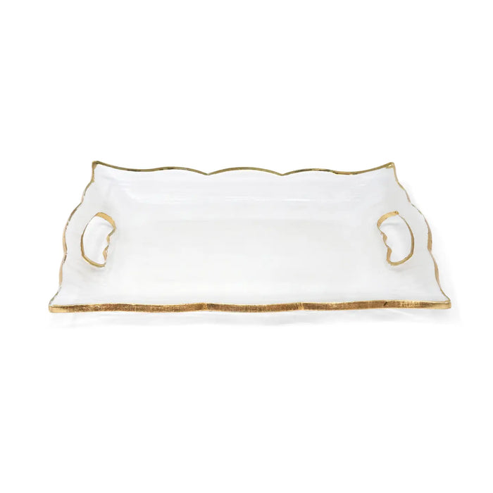 Rectangular Glass Tray with Handles and Gold Rim