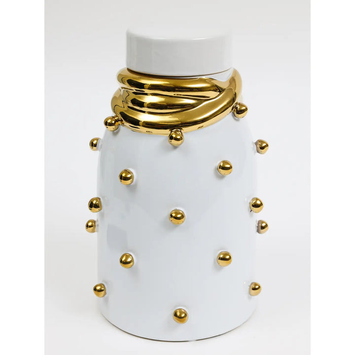 White Ceramic Jar with Gold Elegant Detail and Studded